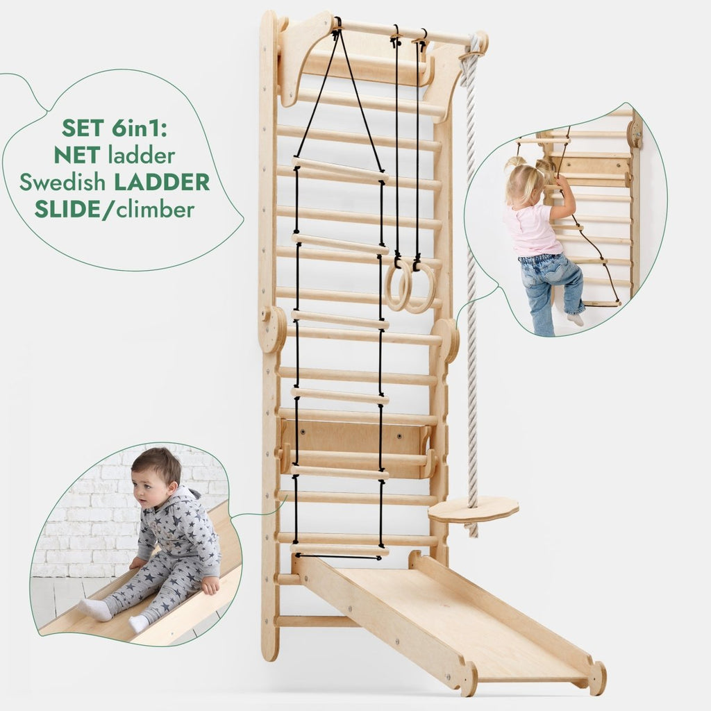 6in1: Wooden Swedish Wall / Climbing ladder for Children + Swing Set + Slide Board
