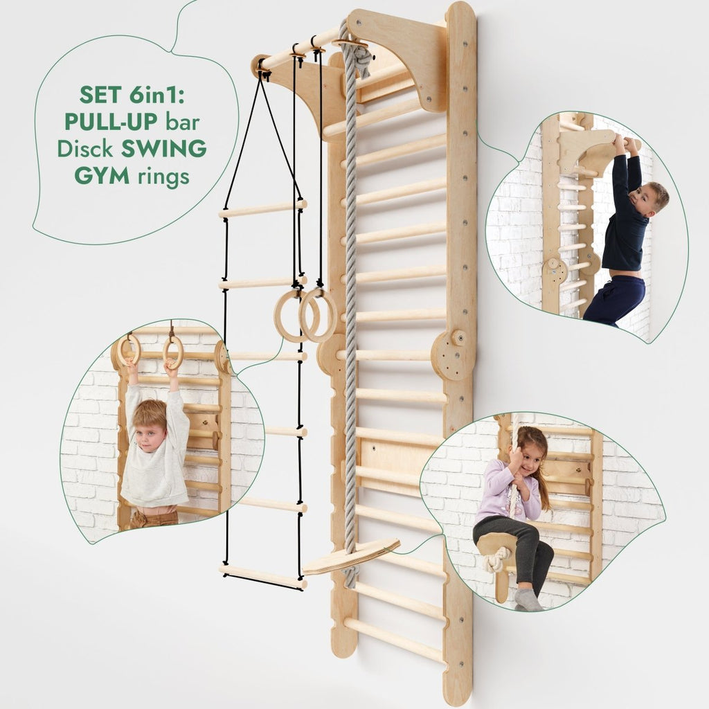 6in1: Wooden Swedish Wall / Climbing ladder for Children + Swing Set + Slide Board