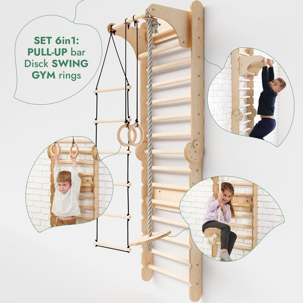 6in1: Wooden Swedish Wall / Climbing ladder for Children + Swing Set + Slide Board