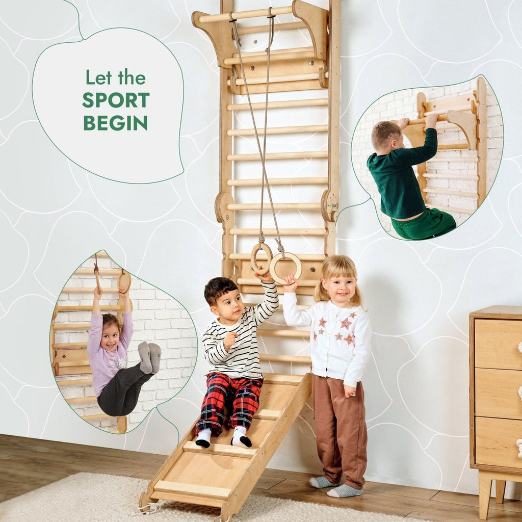 6in1: Wooden Swedish Wall / Climbing ladder for Children + Swing Set + Slide Board