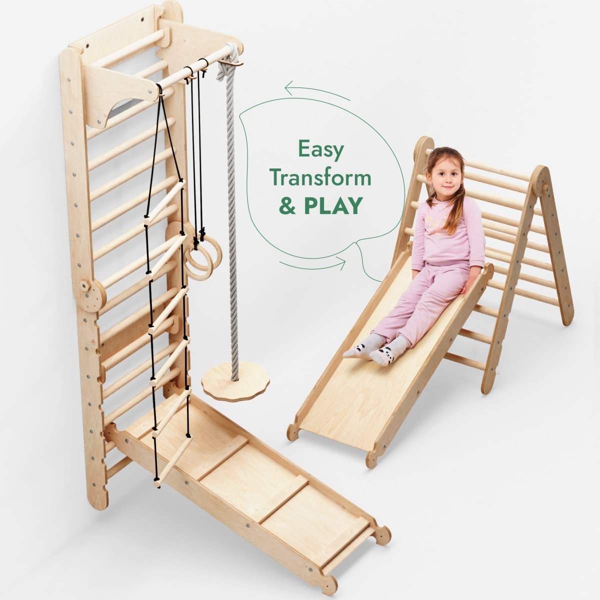 6in1: Wooden Swedish Wall / Climbing ladder for Children + Swing Set + Slide Board