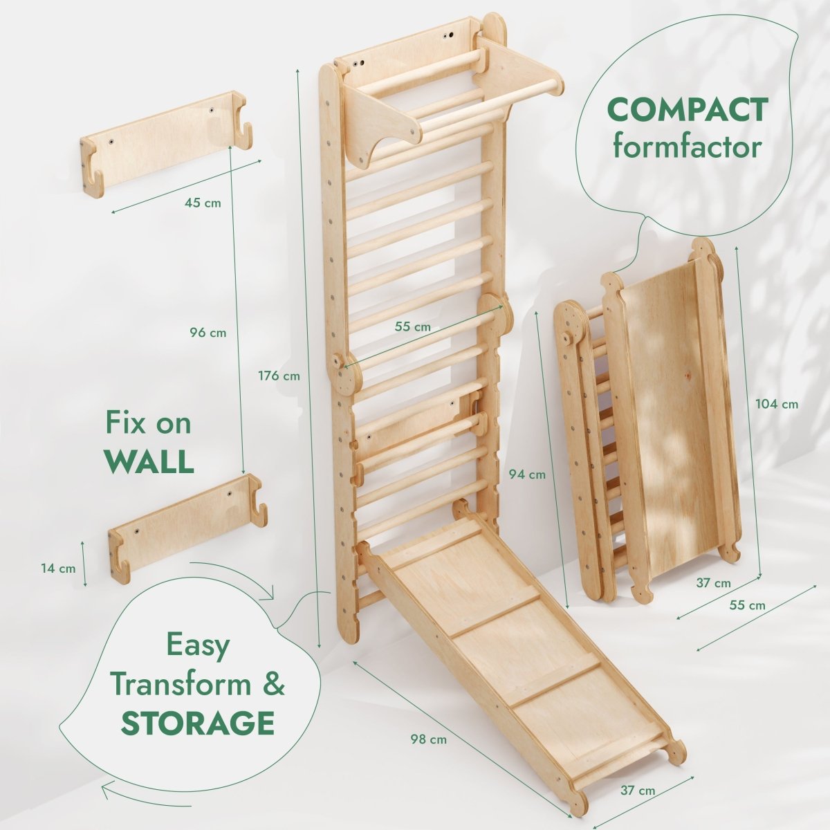 6in1: Wooden Swedish Wall / Climbing ladder for Children + Swing Set + Slide Board