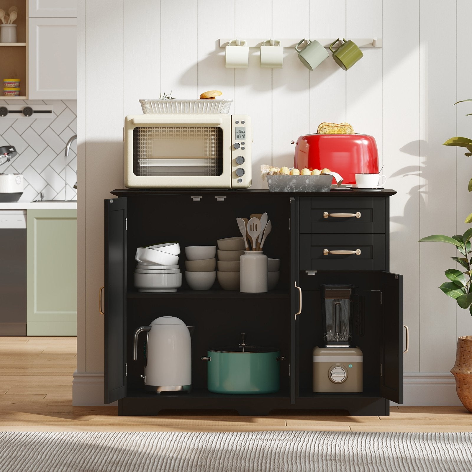 40 Inch Modern Kitchen Sideboard Buffet Cabinet with 2 Drawers and Adjustable Shelf-Black