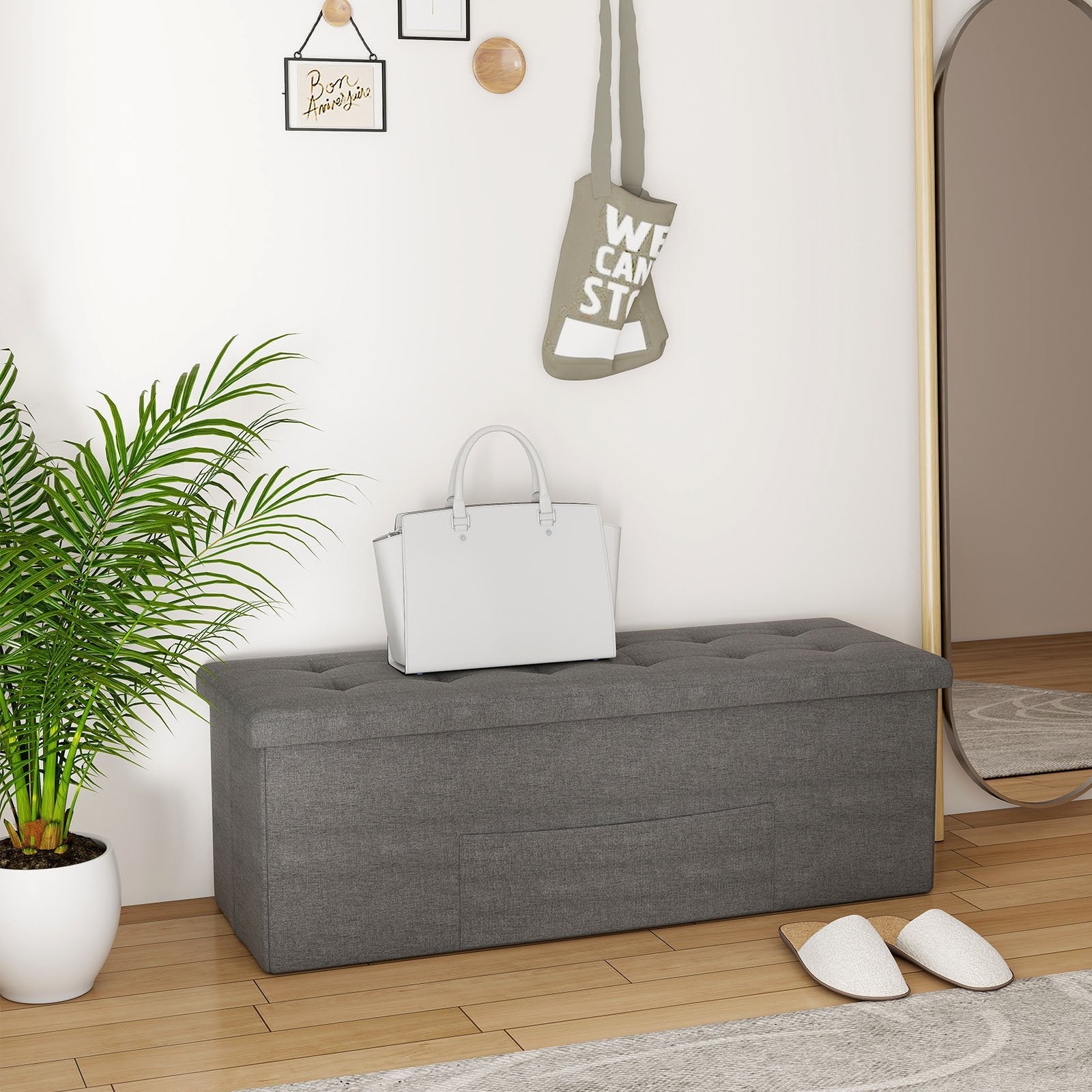 43 Inches Folding Storage Ottoman Bench Linen End of Bed Bench with Padded Seat-Dark Gray