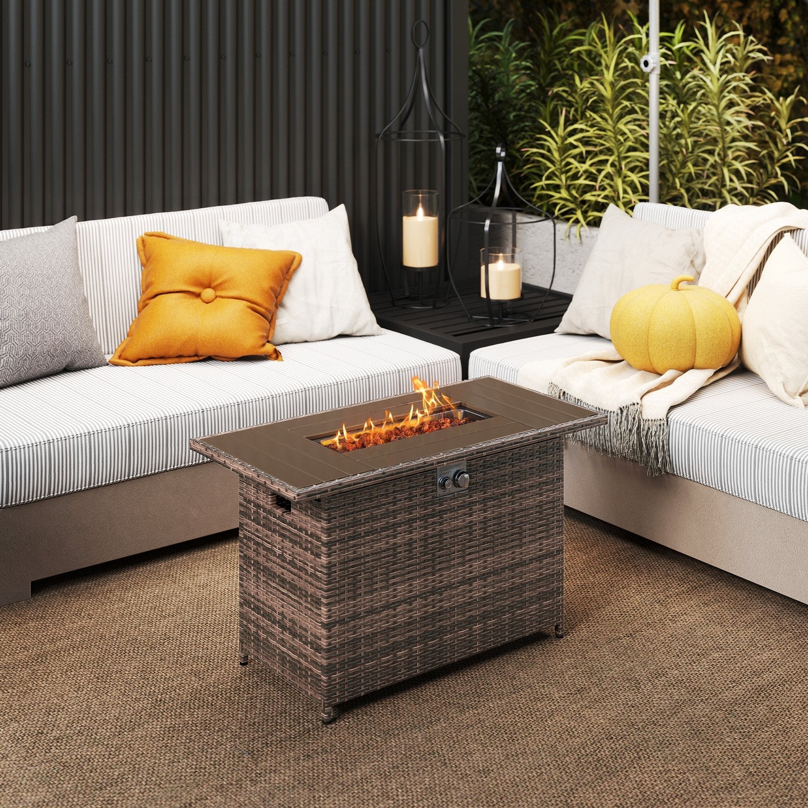 44.5 Inch Propane Fire Pit Table Rattan Gas 2-in-1 with Stainless Steel Burner-Black