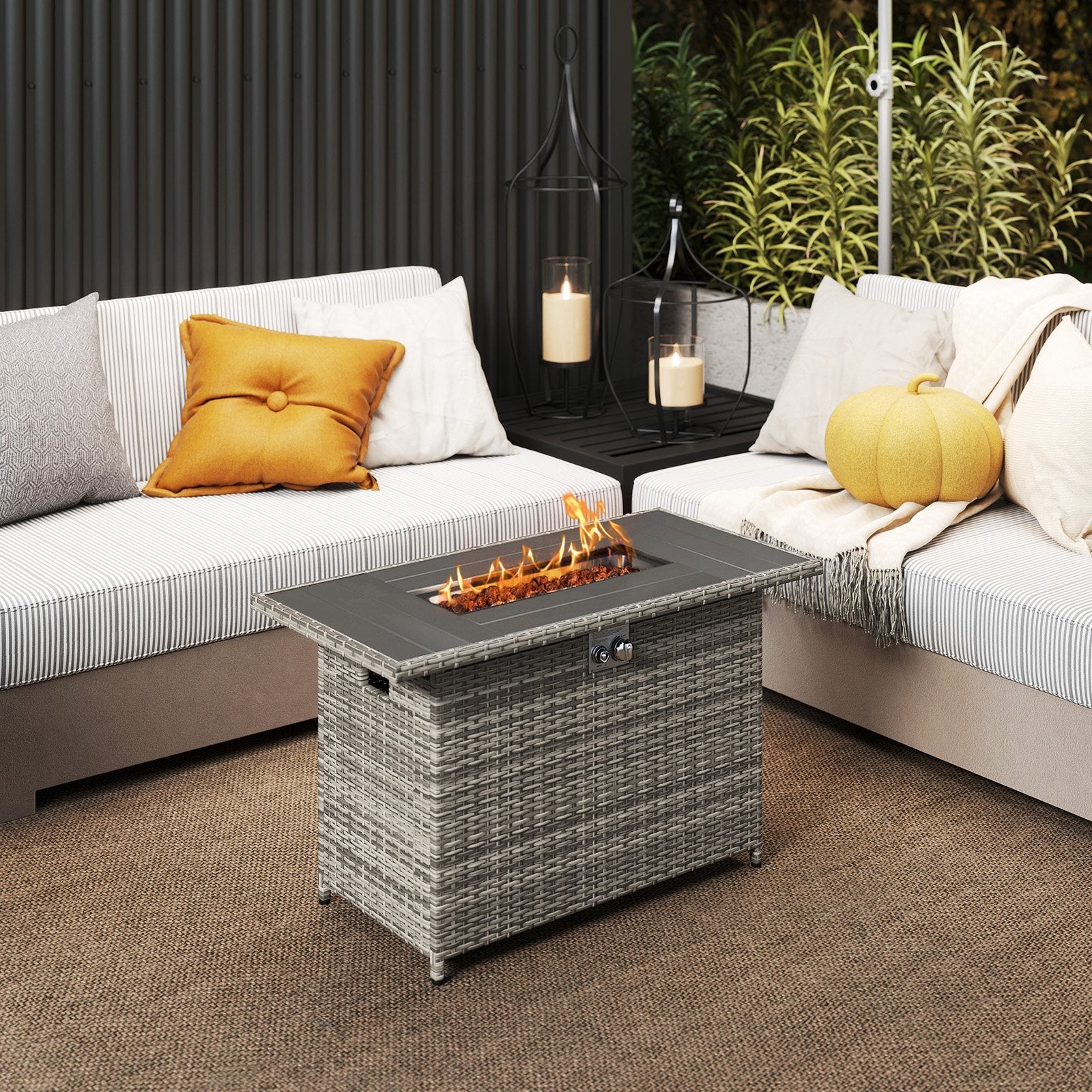 44.5 Inch Propane Fire Pit Table Rattan Gas 2-in-1 with Stainless Steel Burner-Black