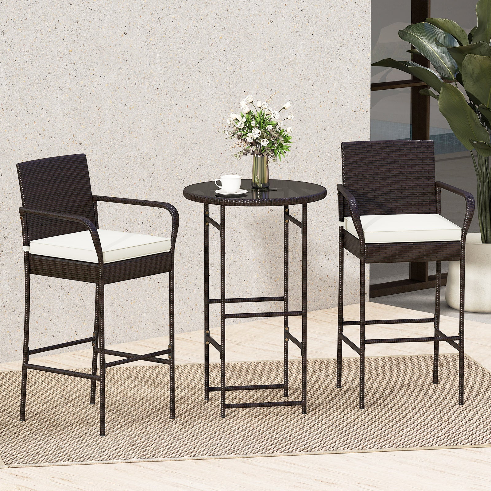3 Piece Outdoor Bar Set with 2 Seat Cushions for Porch Yard-White