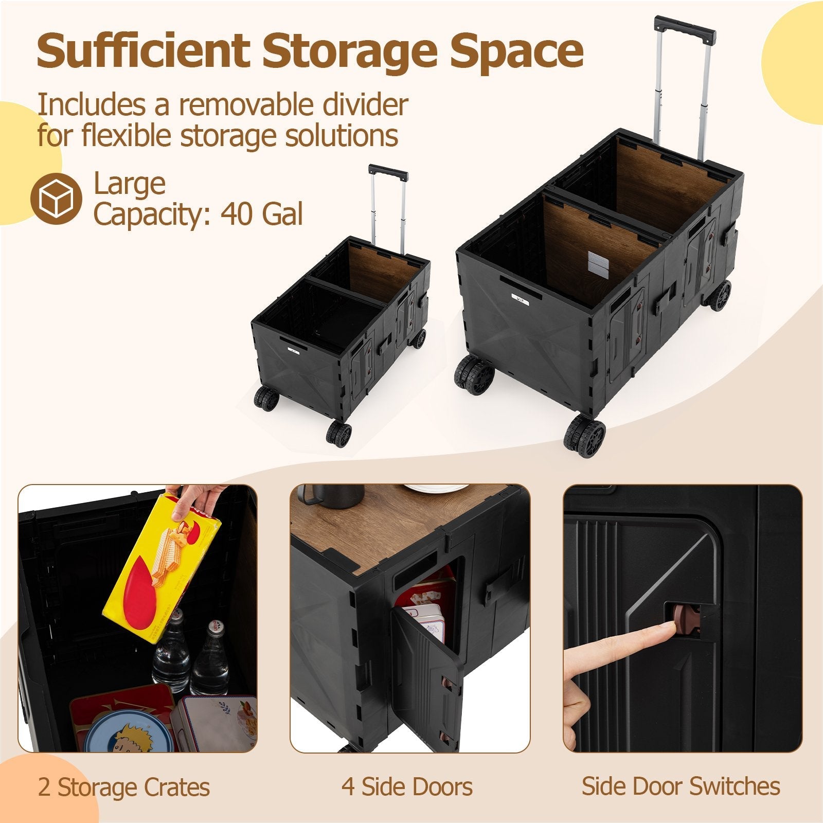 Large Foldable Utility Cart with 2-Tier Storage Crates and Telescoping Handle-Black