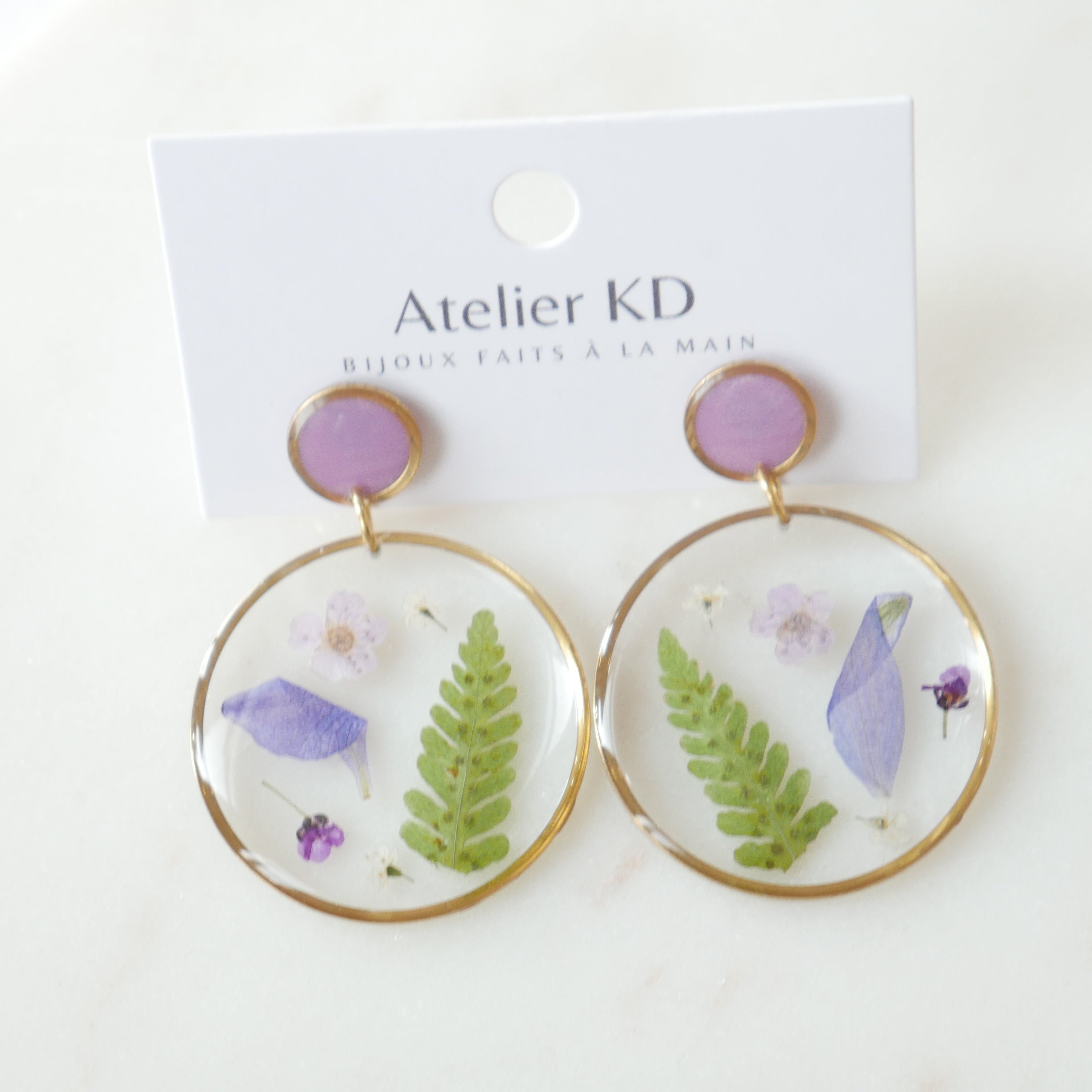 Boucles d'oreilles duo - les Violettes et la fougère - rond (XL 35mm)