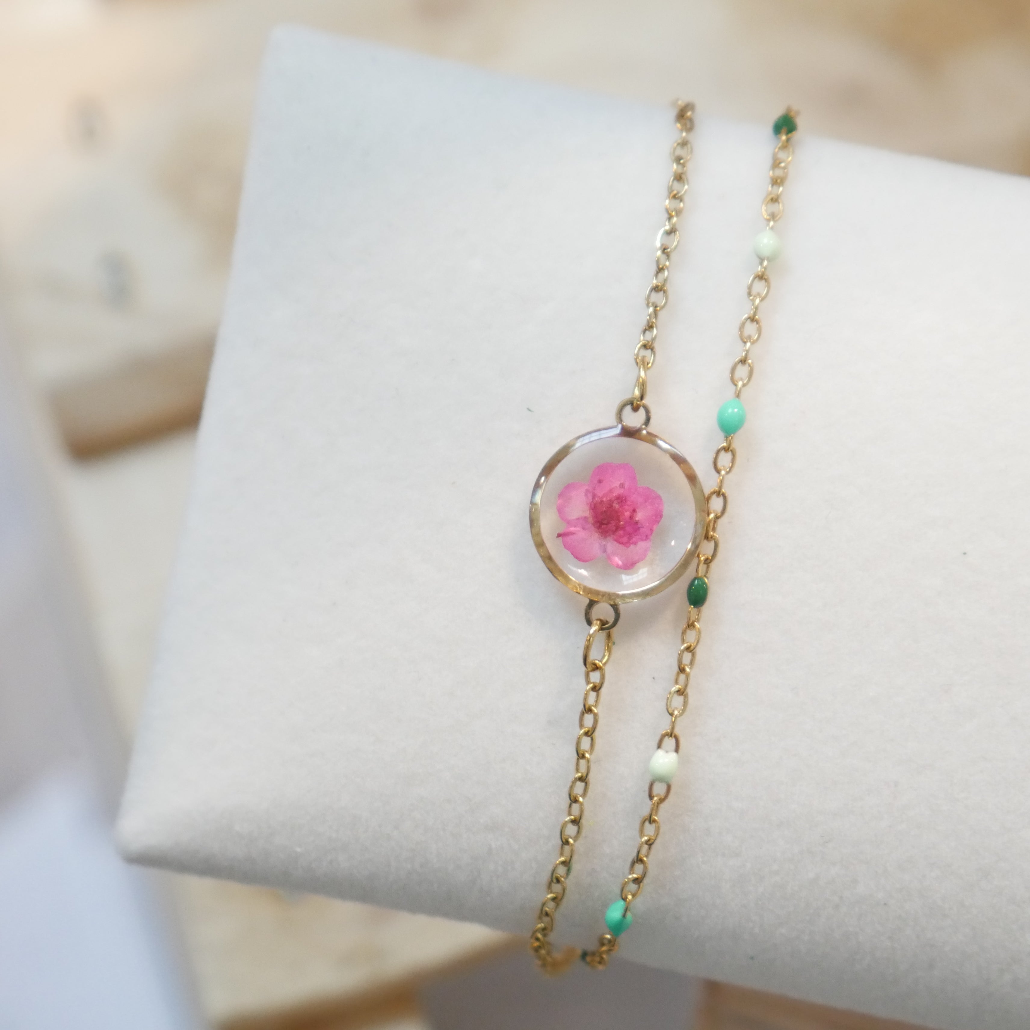 Bracelet Sofia double - fuschia et chaine verte