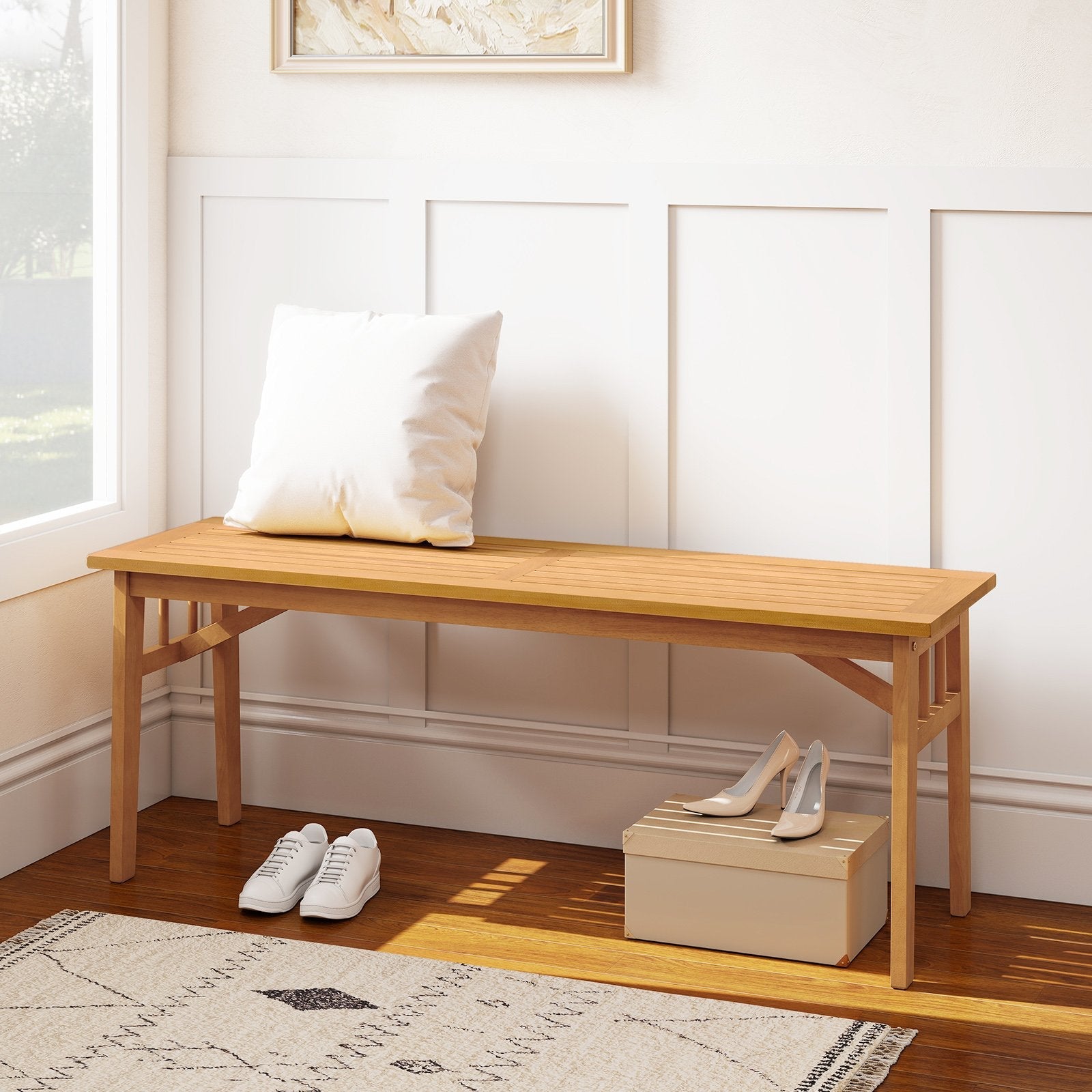 48 Inches Acacia Wood Bench with Breathable Slat Seat and Stable Triangular Structure-2