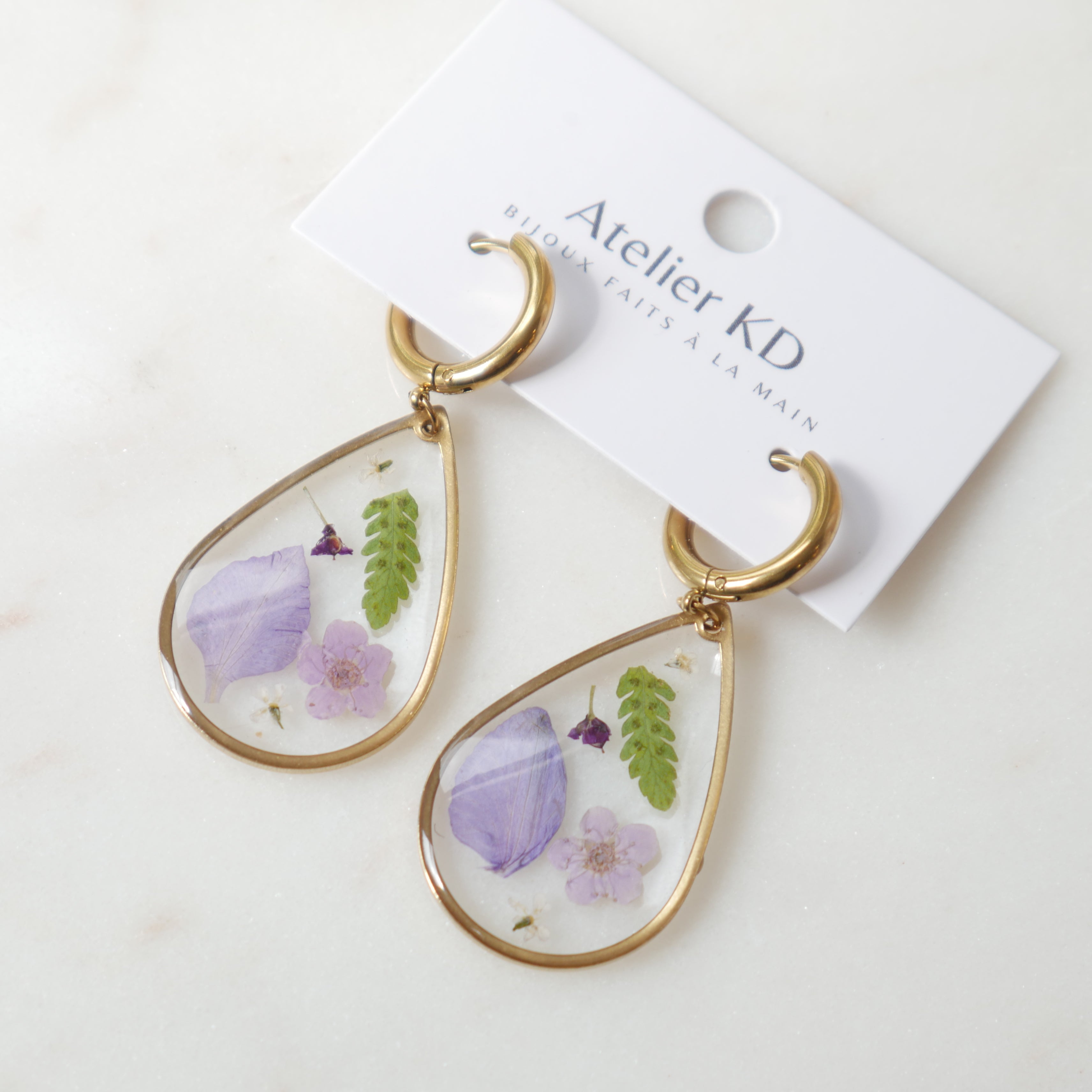 Boucles d'oreilles - les Violettes et la fougère - goutte (XL 32mm)