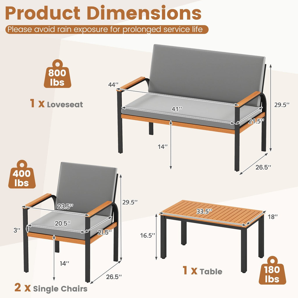 4 Piece Patio Furniture Set with Coffee Table and Loveseat with Removable Cushions-Gray