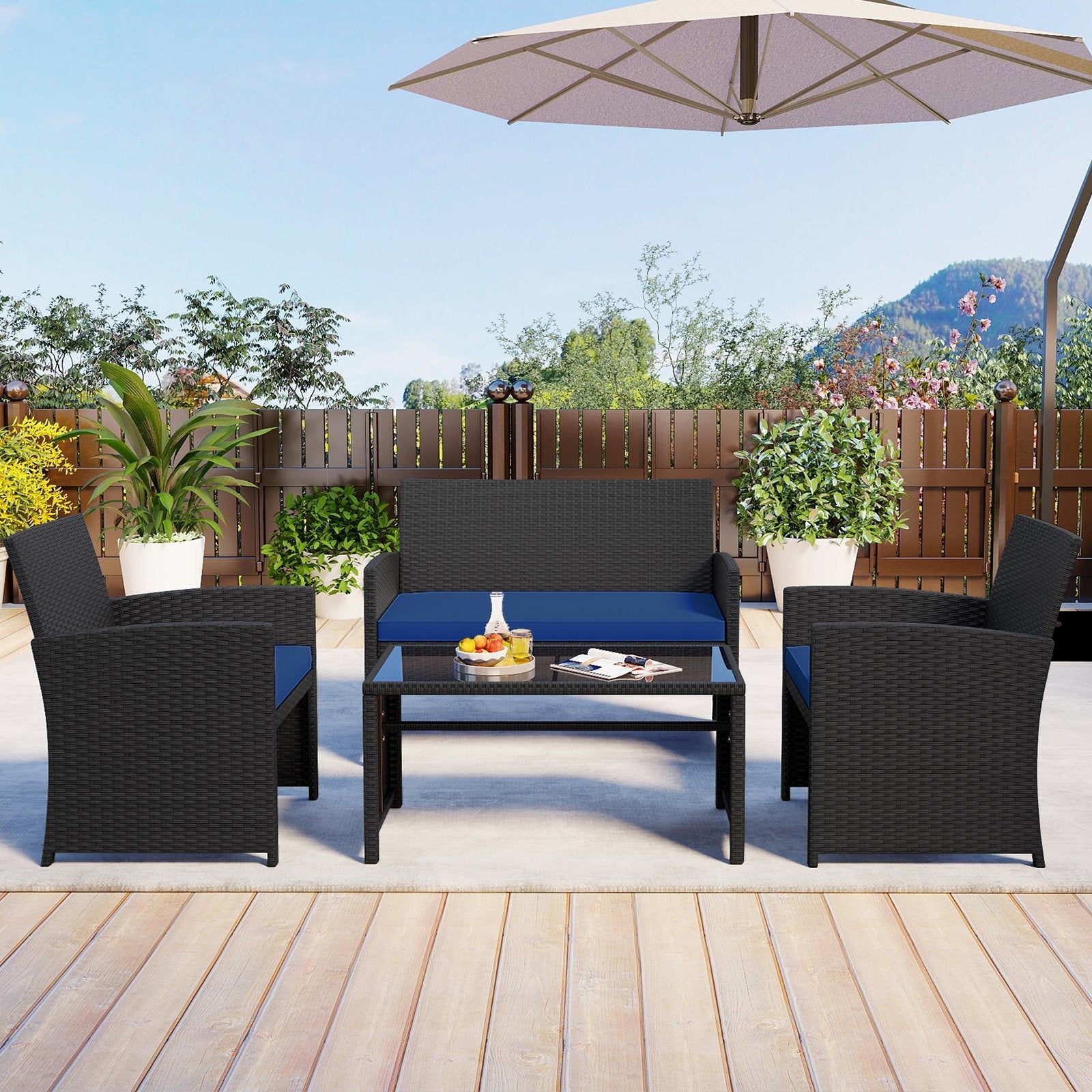 4 Pieces Patio Furniture Set with Tempered Glass Tabletop and Removable Cushion-Black
