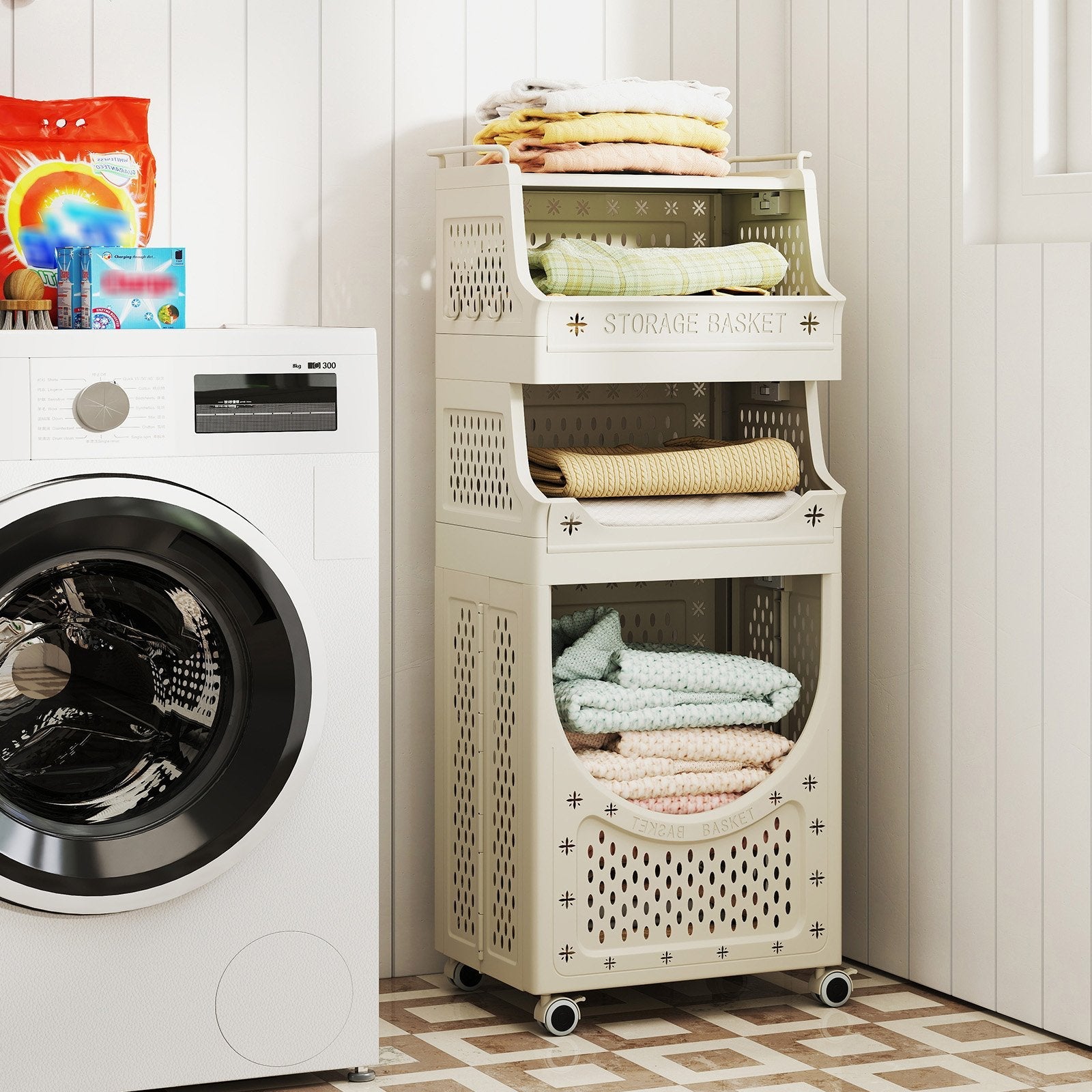 3-Tier Laundry Cart Folding Hamper with Lockable Wheels