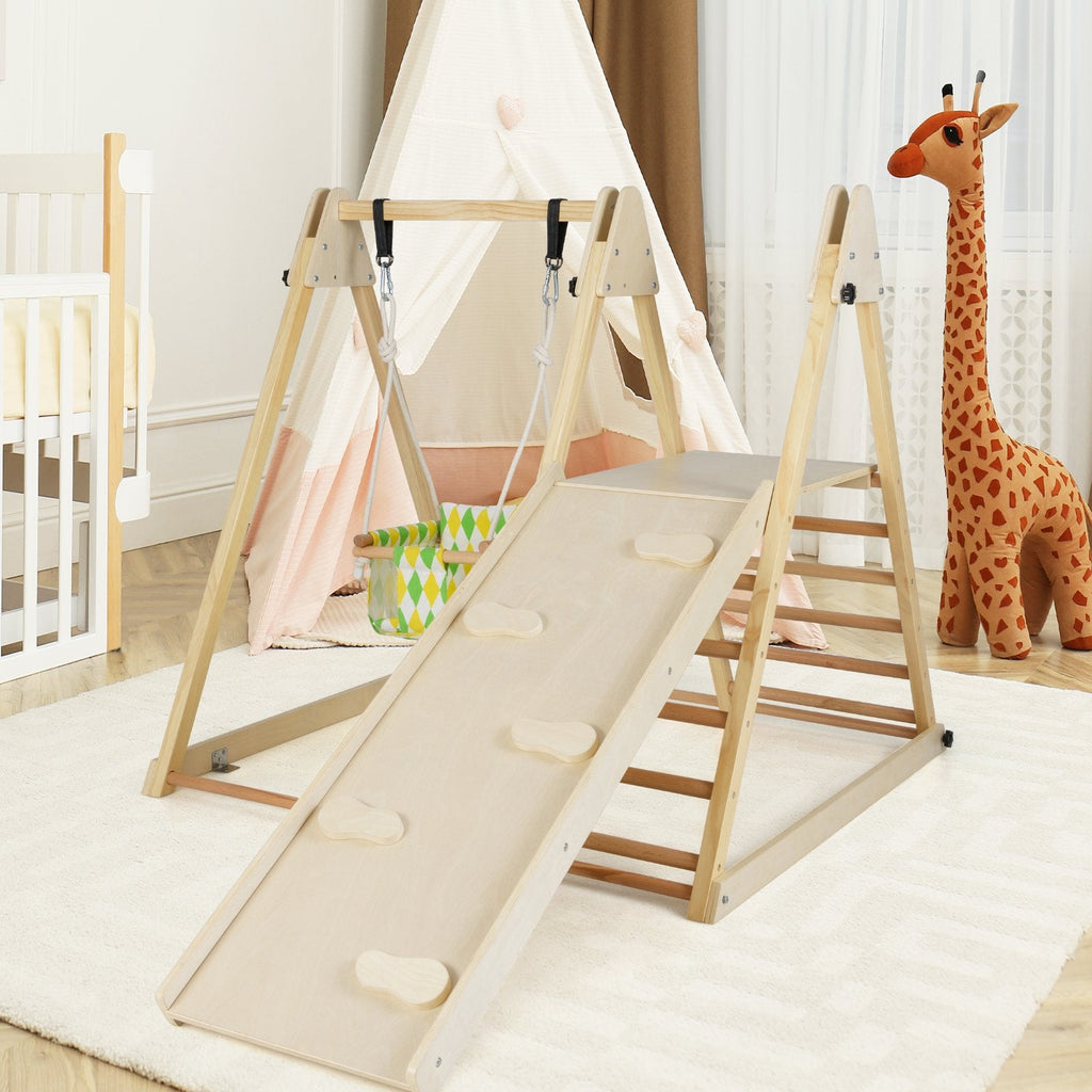 4-in-1 Indoor Jungle Gym with Baby Swing and Climbing Ramp-Multicolor