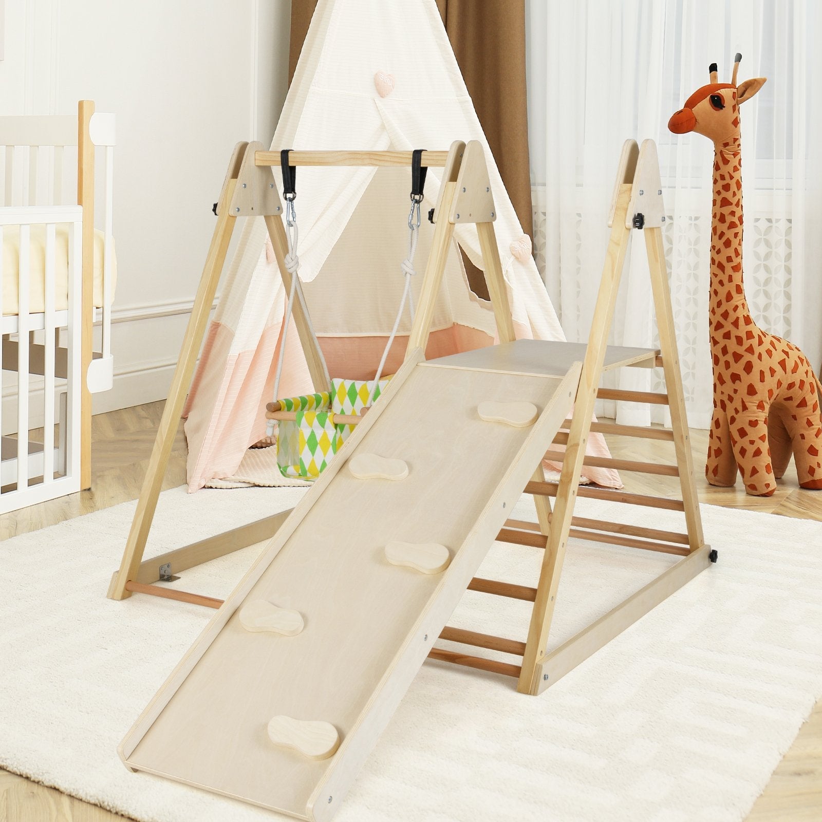 4-in-1 Indoor Jungle Gym with Baby Swing and Climbing Ramp-Multicolor