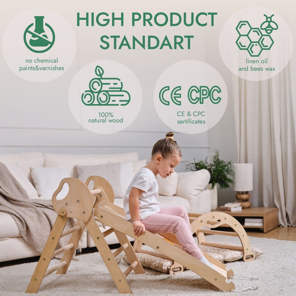 4in1 Montessori Climbing: Pikler Triangle + Arch + Slide Board + Cushion for Toddlers (1–3 Years) - Ivory
