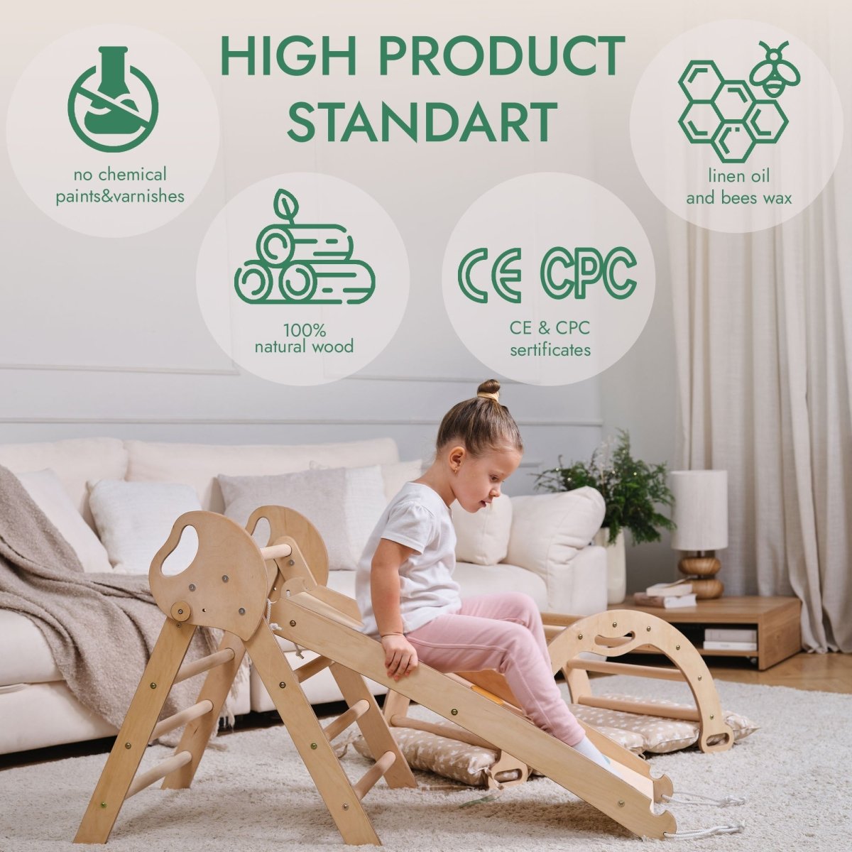 4in1 Montessori Climbing: Pikler Triangle + Arch + Slide Board + Cushion for Toddlers (1–3 Years) - Ivory