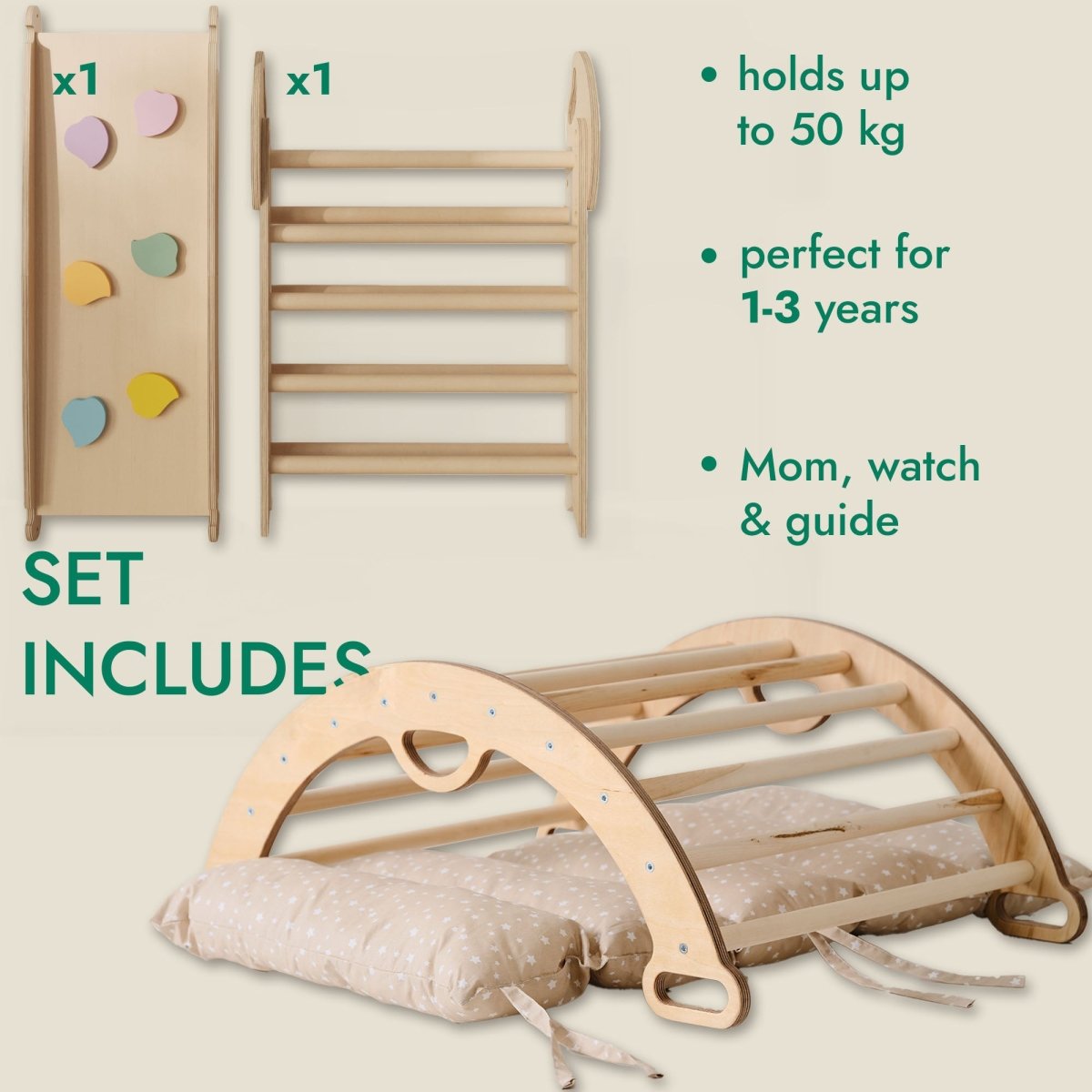 4in1 Montessori Climbing: Pikler Triangle + Arch + Slide Board + Cushion for Toddlers (1–3 Years) - Ivory