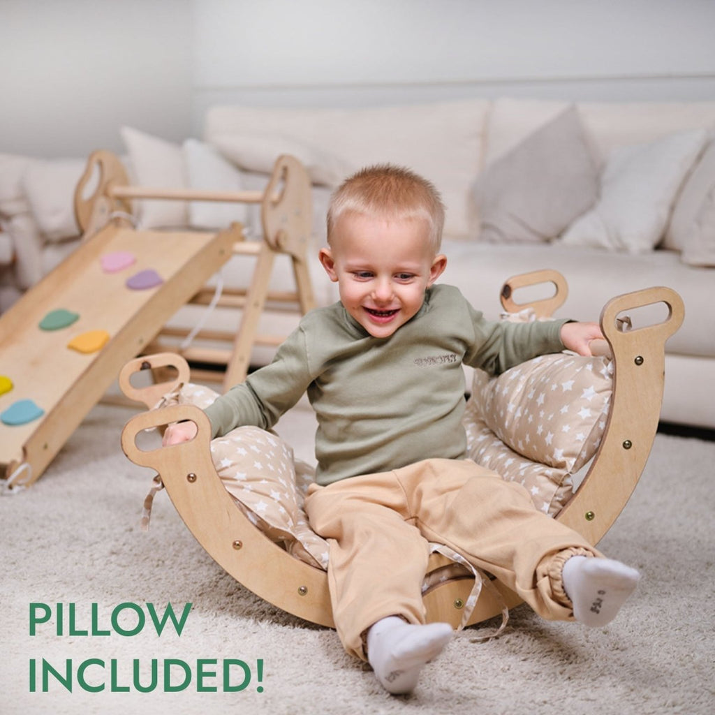 4in1 Montessori Climbing: Pikler Triangle + Arch + Slide Board + Cushion for Toddlers (1–3 Years) - Ivory