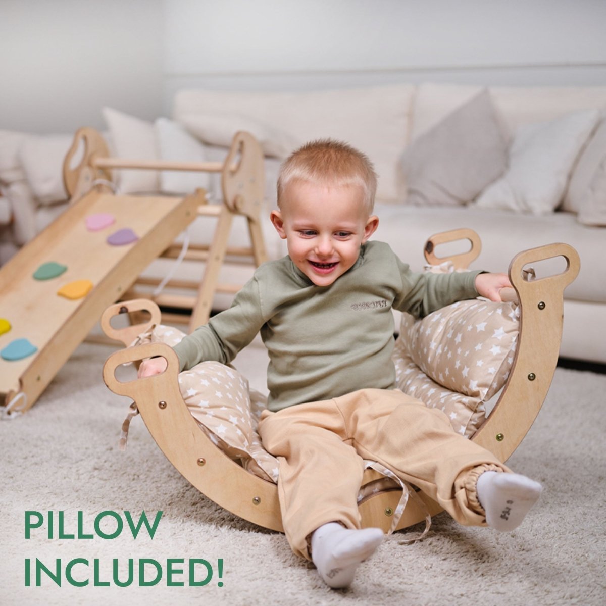 4in1 Montessori Climbing: Pikler Triangle + Arch + Slide Board + Cushion for Toddlers (1–3 Years) - Ivory