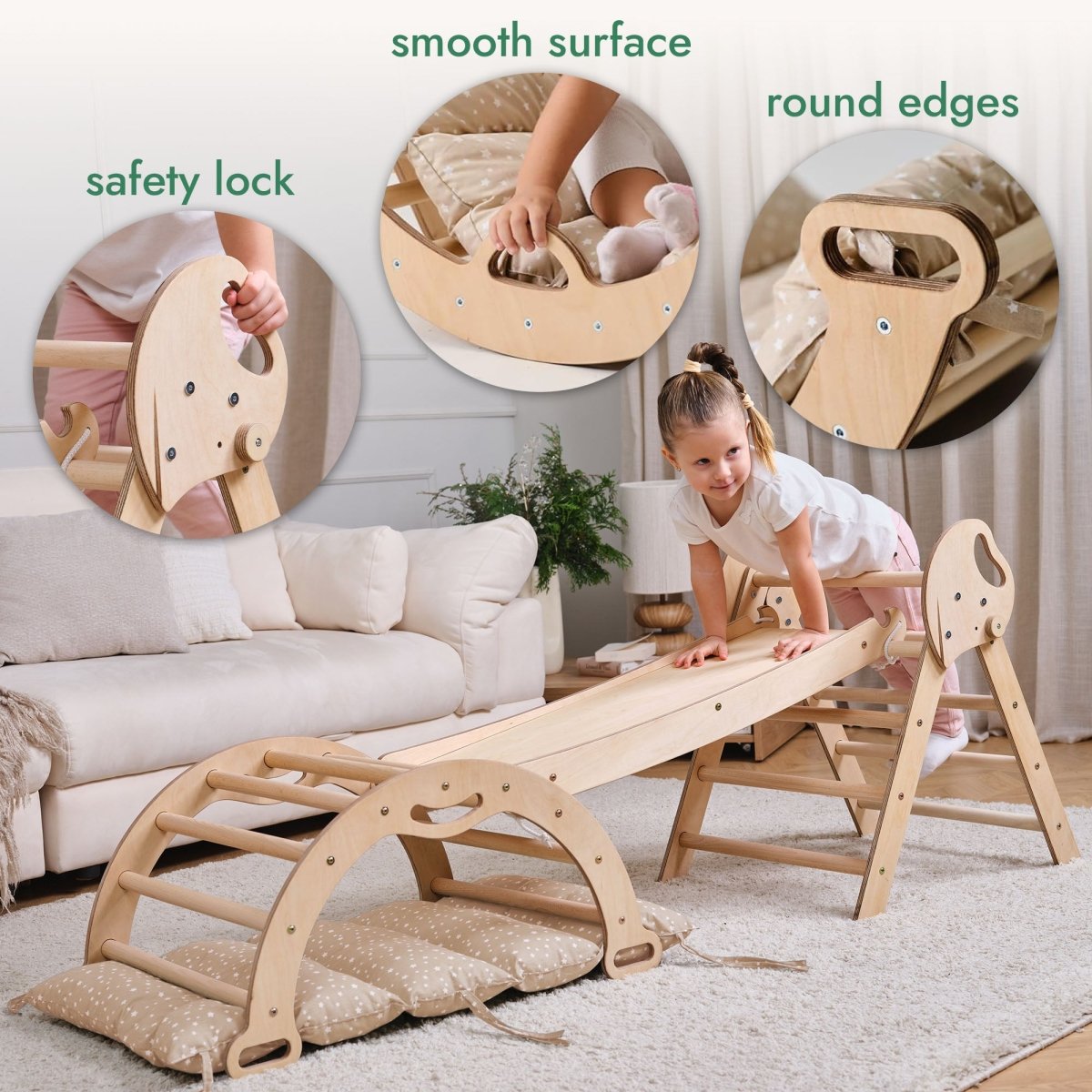 4in1 Montessori Climbing: Pikler Triangle + Arch + Slide Board + Cushion for Toddlers (1–3 Years) - Ivory