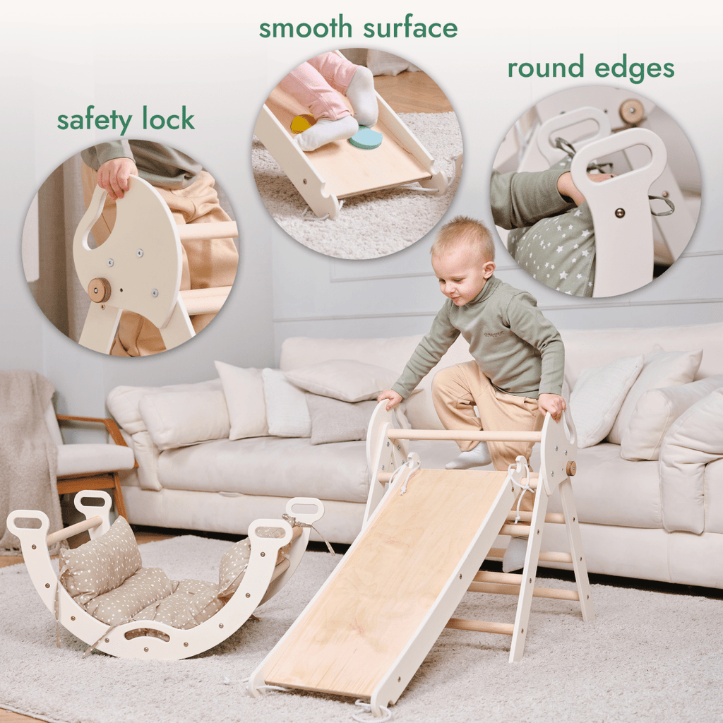 4in1 Montessori Climbing: Pikler Triangle + Arch + Slide Board + Cushion for Toddlers (1–3 Years) - Ivory