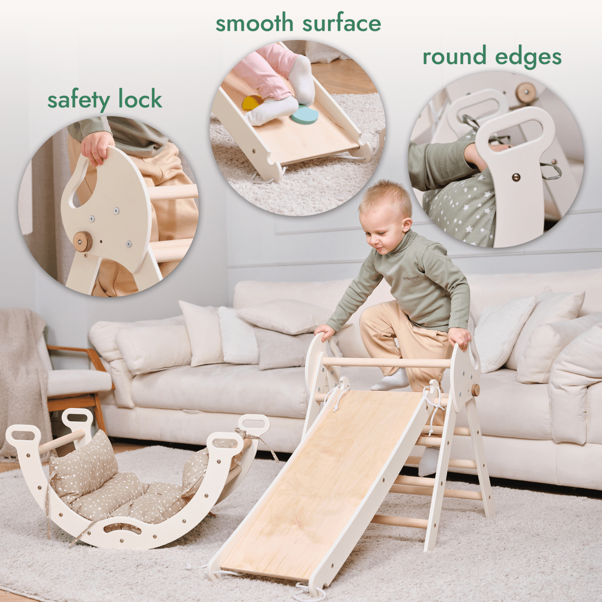 4in1 Montessori Climbing: Pikler Triangle + Arch + Slide Board + Cushion for Toddlers (1–3 Years) - Ivory