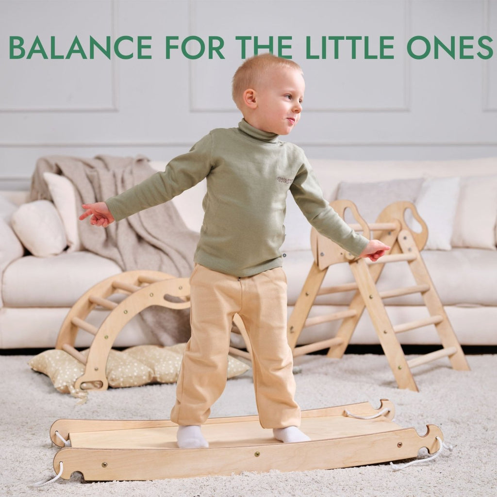 4in1 Montessori Climbing: Pikler Triangle + Arch + Slide Board + Cushion for Toddlers (1–3 Years) - Ivory