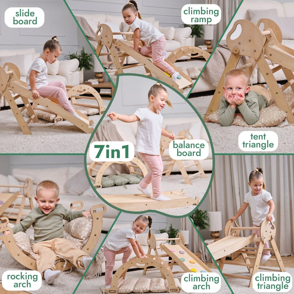 4in1 Montessori Climbing: Pikler Triangle + Arch + Slide Board + Cushion for Toddlers (1–3 Years) - Ivory