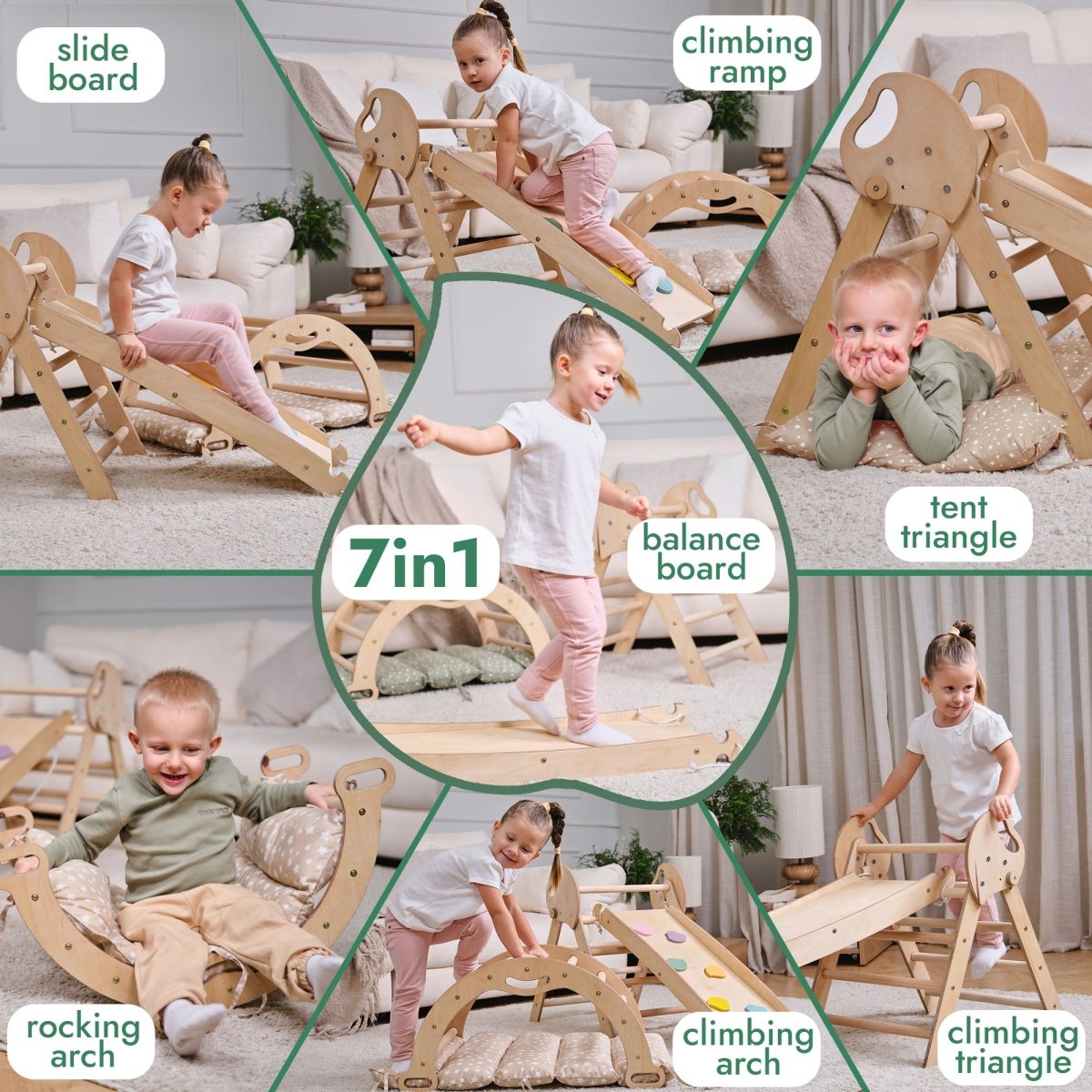 4in1 Montessori Climbing: Pikler Triangle + Arch + Slide Board + Cushion for Toddlers (1–3 Years) - Ivory