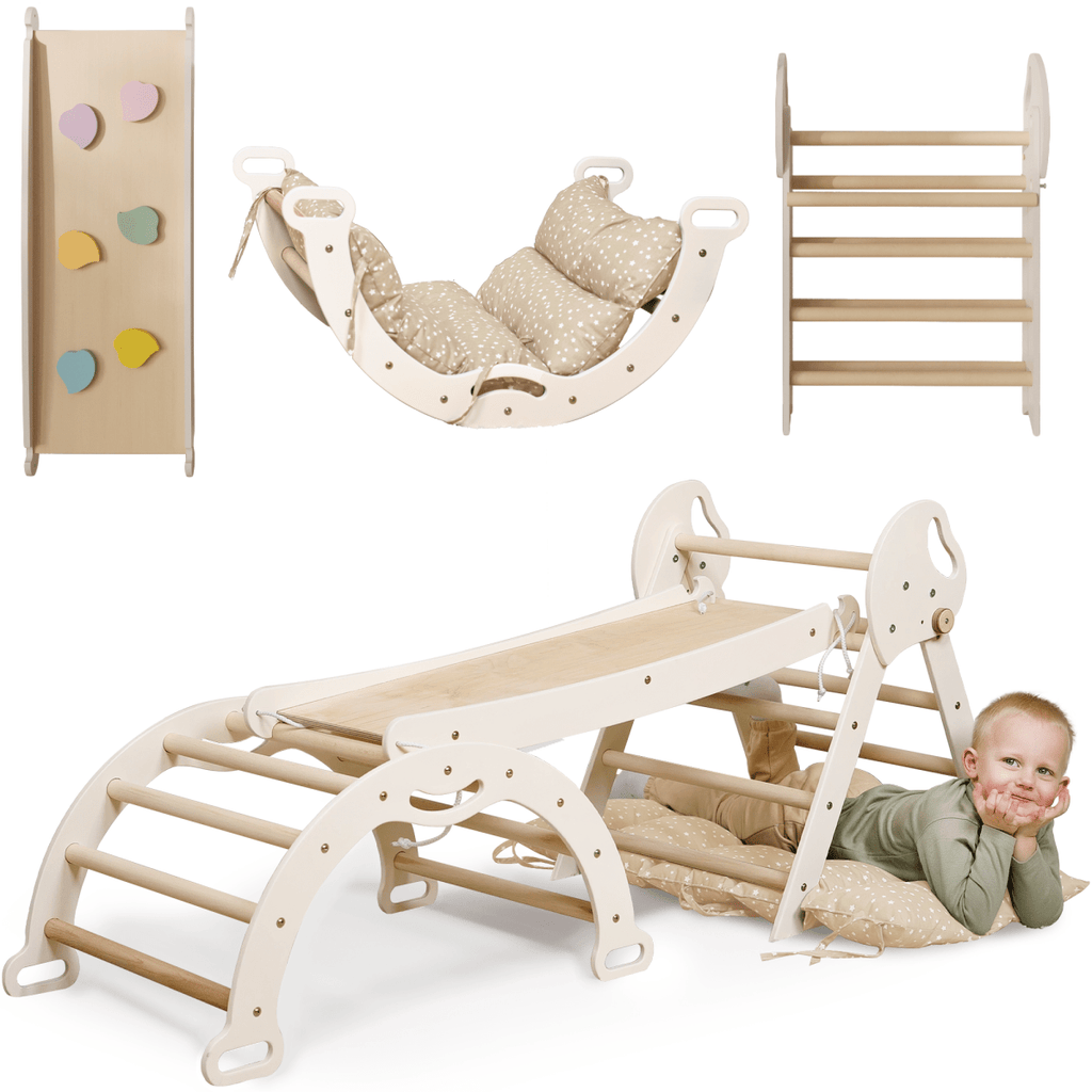 4in1 Montessori Climbing: Pikler Triangle + Arch + Slide Board + Cushion for Toddlers (1–3 Years) - Ivory