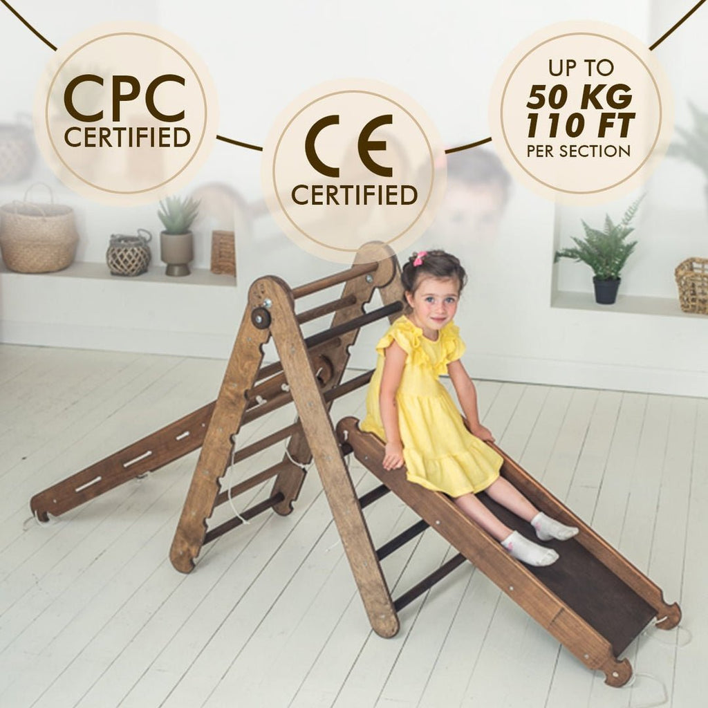 4in1 Montessori Climbing Set: Triangle Ladder + Arch/Rocker + Slide Board/Ramp + Net – Chocolate