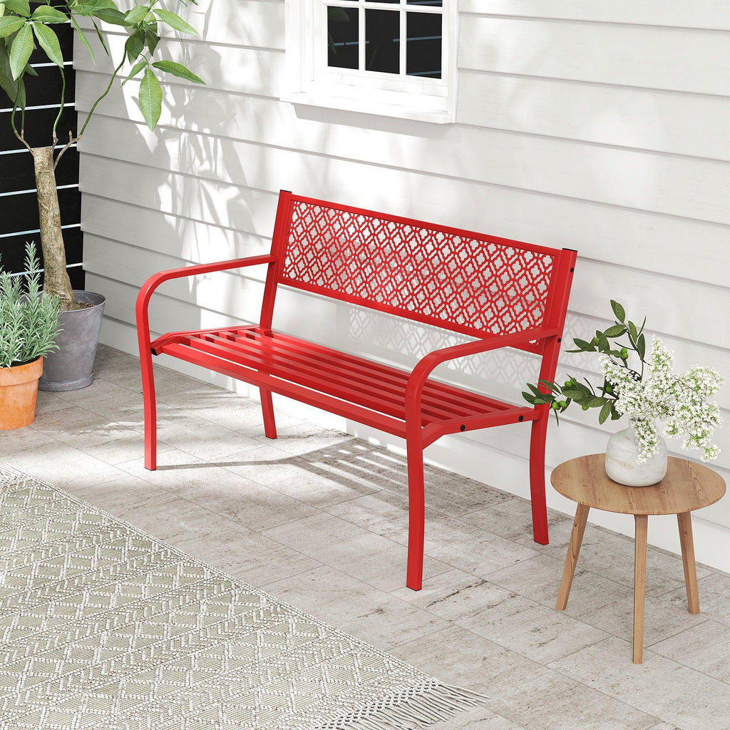 50 Inches Outdoor Garden Bench with Geometric Lattice Backrest and Slatted Seat-Black