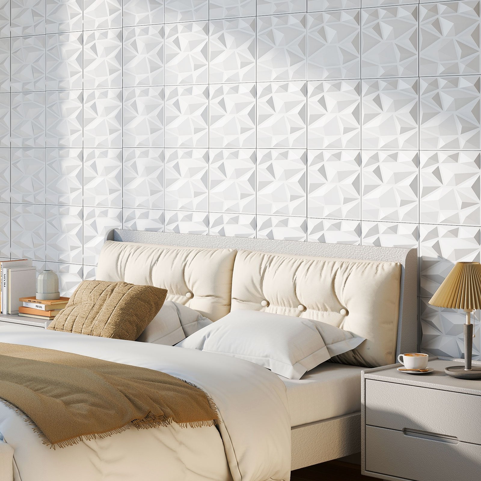 50-Pack 3D Wall Panels PVC Interior Wall Decoration with Diamond Accent-White