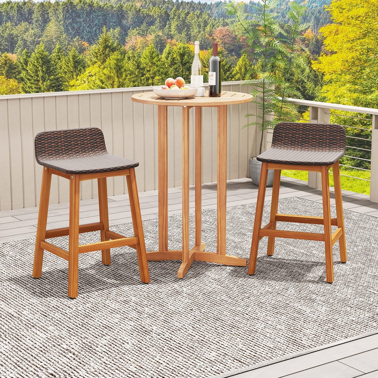 Solid Acacia Wood Bar Stools Set of 2 with Backrests and Footrests for Porch-Brown