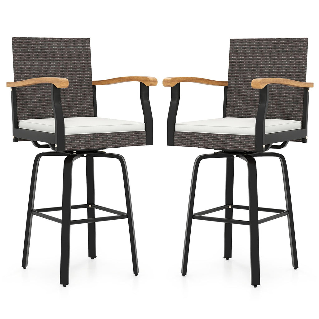 Set of 2 Outdoor 360° Swivel Bar Stool with Cushion and Acacia Wood Armrests