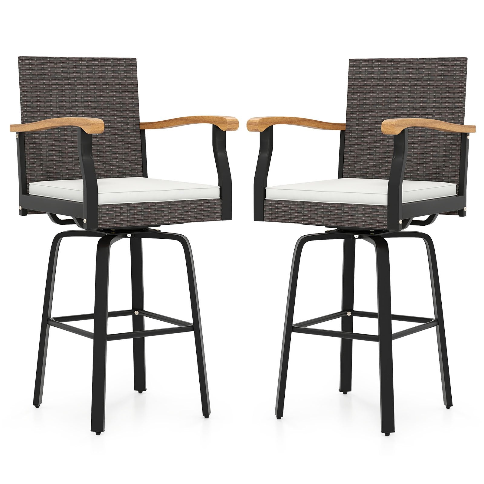 Set of 2 Outdoor 360° Swivel Bar Stool with Cushion and Acacia Wood Armrests
