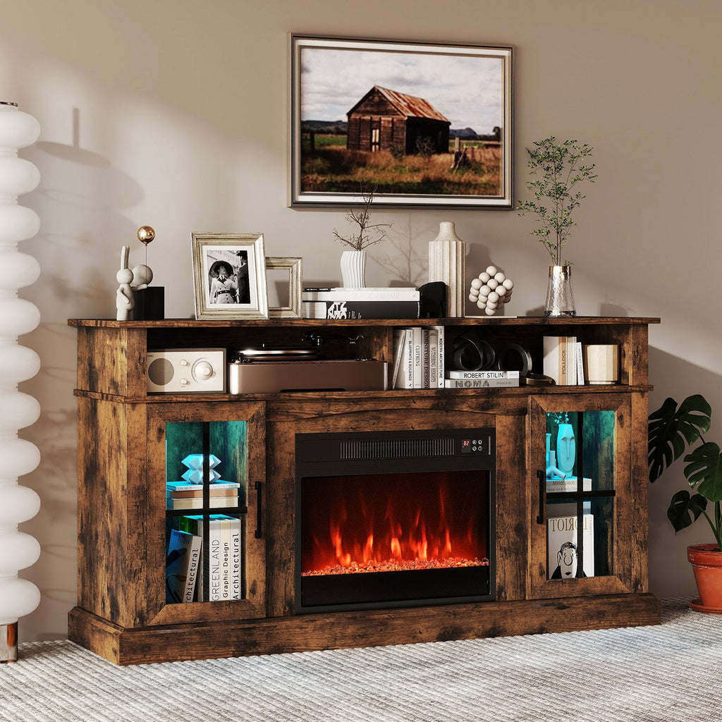 58 Inch Fireplace TV Stand with LED Lights with Storage Cabinets and Glass Doors-Black