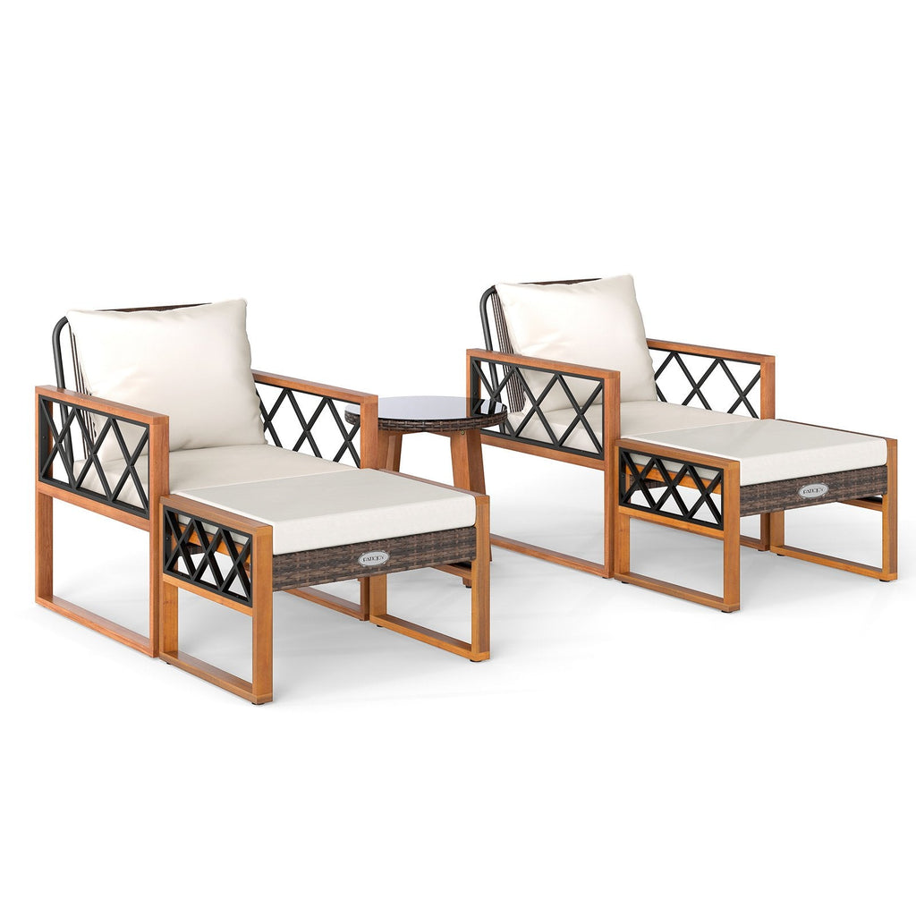 5 Pieces Patio Furniture Set PE Rattan Outdoor Conversation Set with Acacia Wood