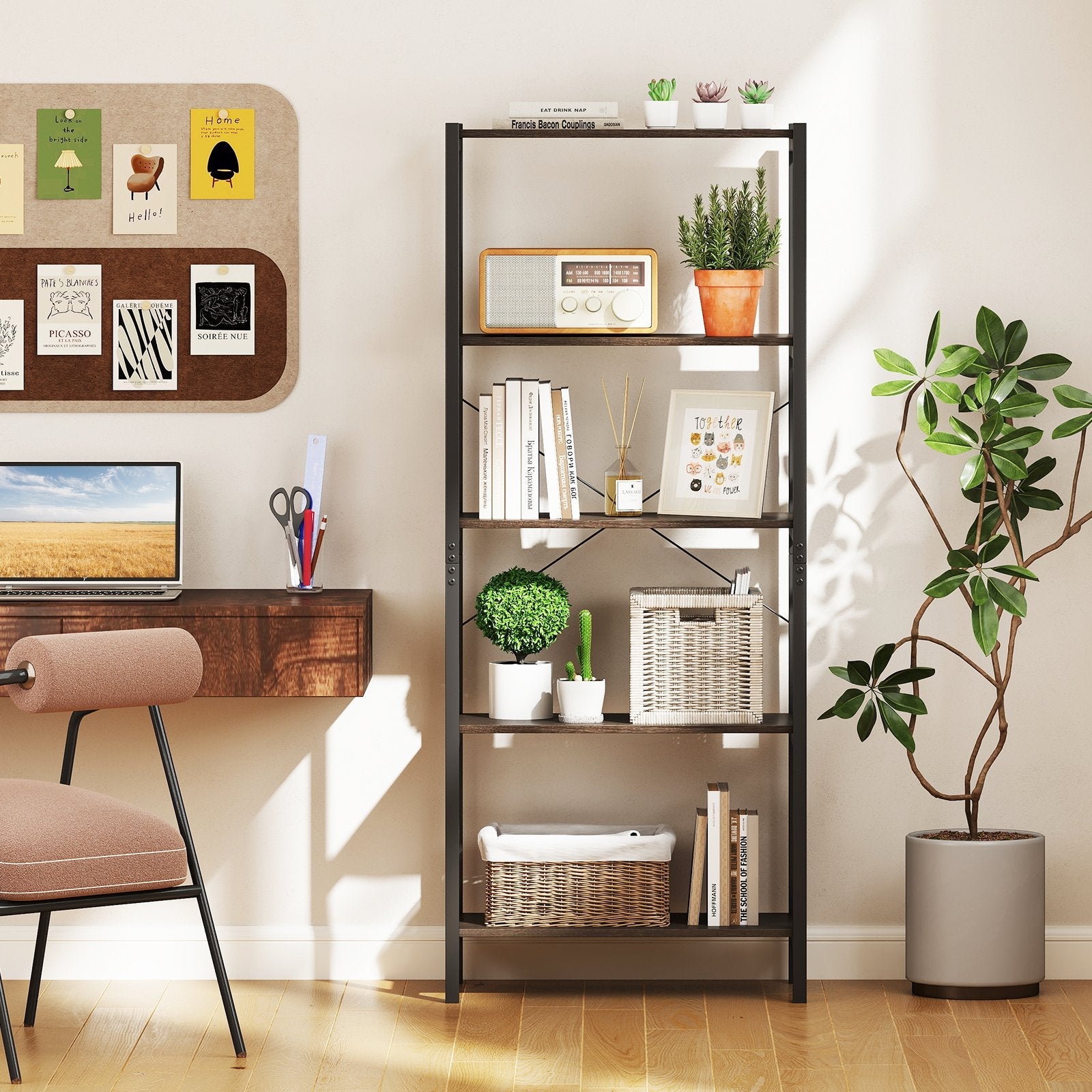 Multipurpose Open Bookcase Industrial Rack Wide Standing Storage Shelf-Brown