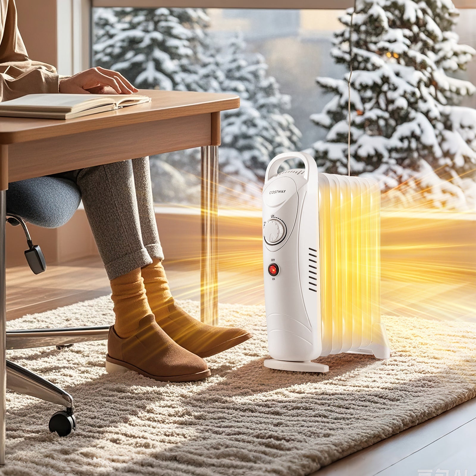 700W Electric Oil Filled Radiator Heater with Adjustable Thermostat-Black