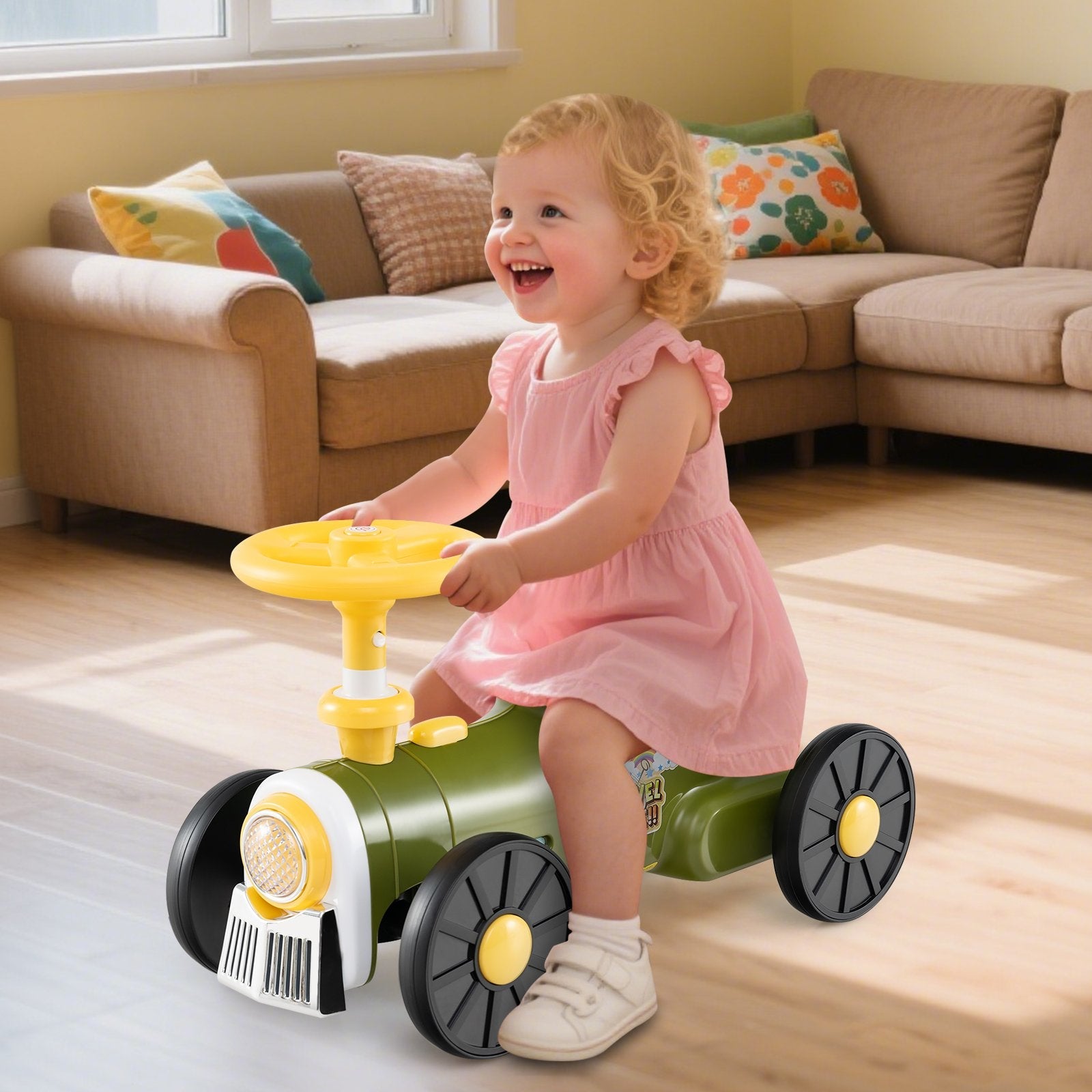 Ride on Toy with Steering Wheel and Train Whistle Sound Button-Beige