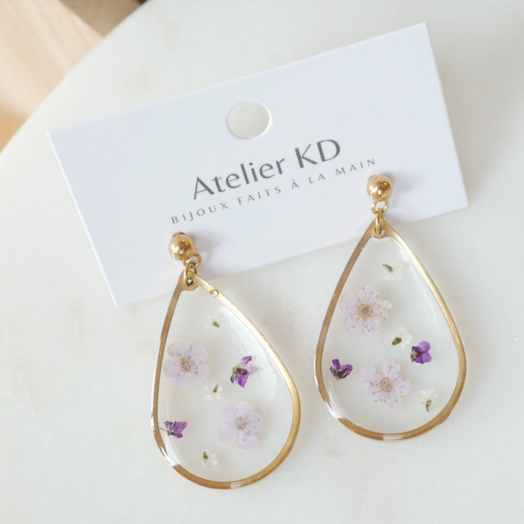 Boucles d'oreilles fleurs Violettes - goutte (XL 32mm)