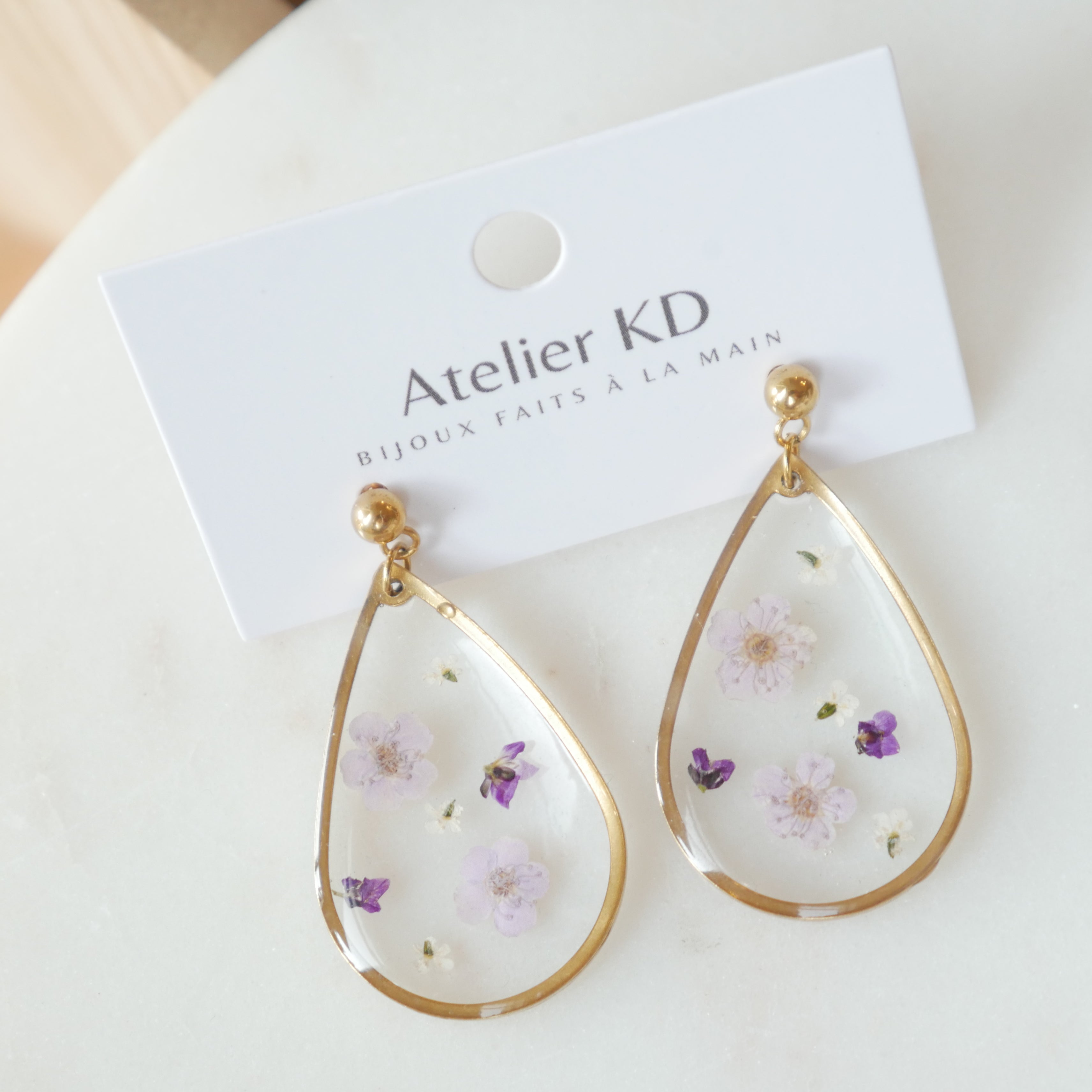 Boucles d'oreilles fleurs Violettes - goutte (XL 32mm)