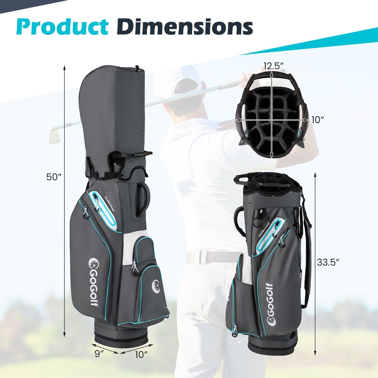 Golf Cart Bag Lightweight Portable Golf Club Organizer Bag-Gray