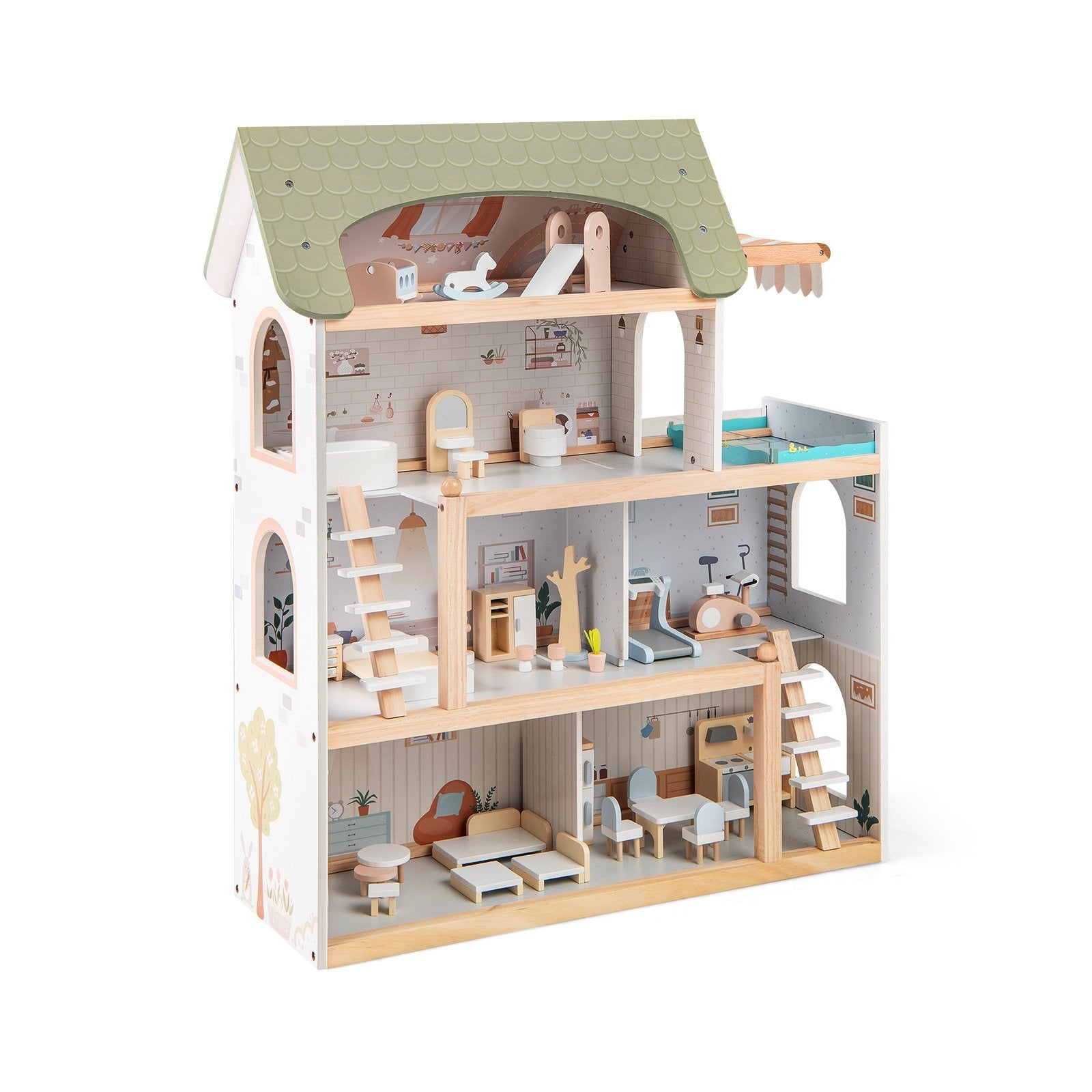 Wooden Dollhouse Kids DIY Pretend Playhouse with 33 PCS Furniture Accessories-Green
