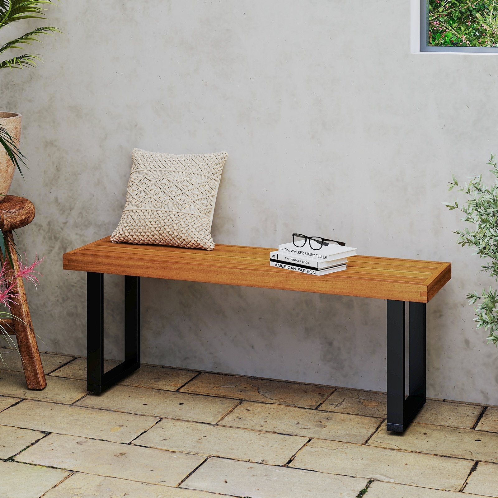 Acacia Wood Outdoor Bench 48 Inch Long Patio Dining Bench-Set of 2