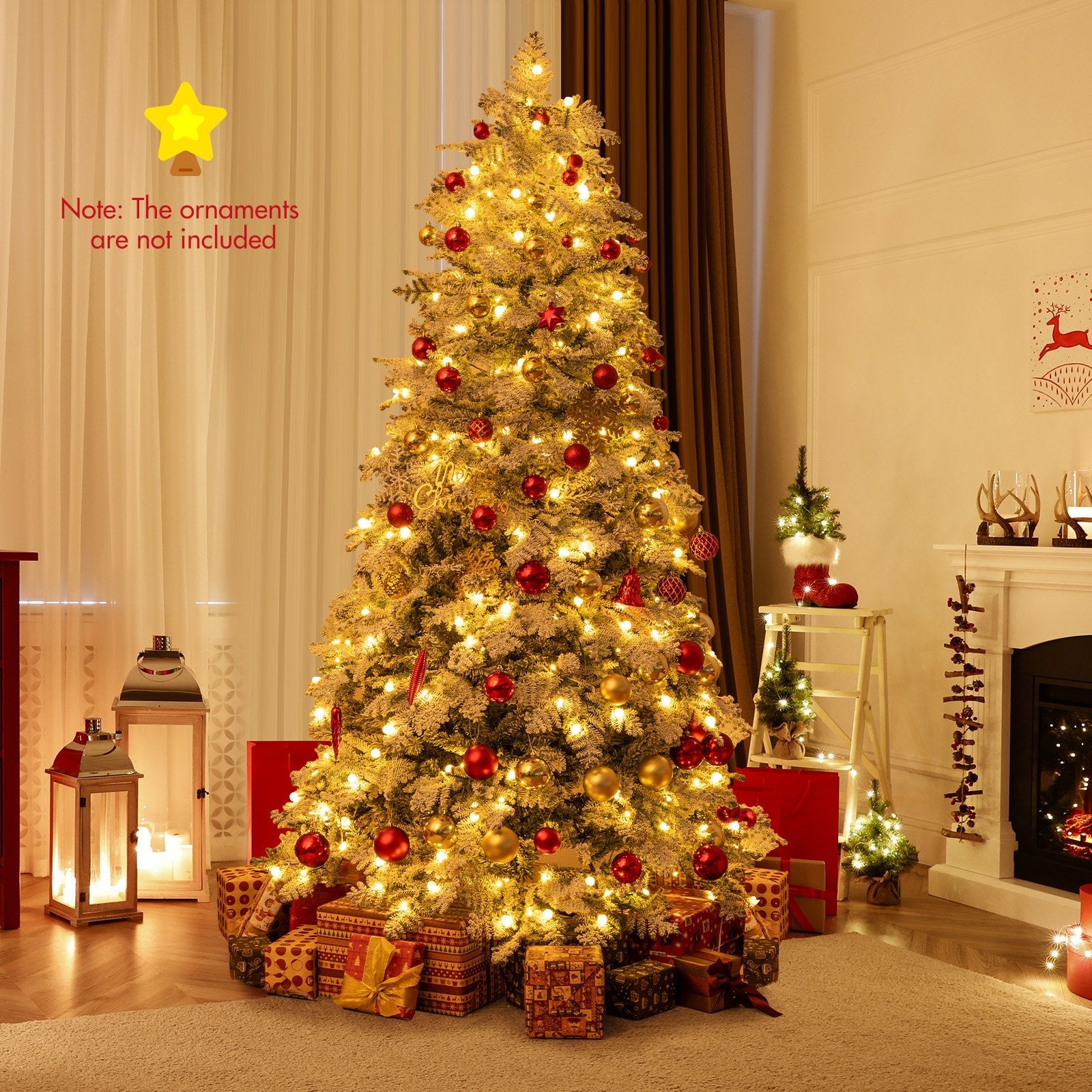6/7 Feet Artificial Snow-flocked Christmas Tree Pre-lit Hinged Xmas Tree with 130 Twinkle Balls-7 Feet